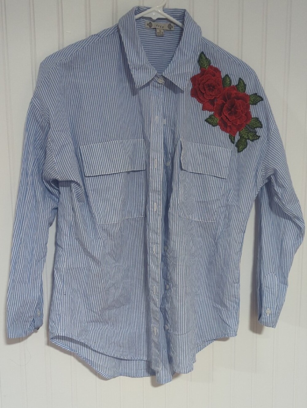 iris Blue & White Striped Button-Down Shirt with Red Rose Applique